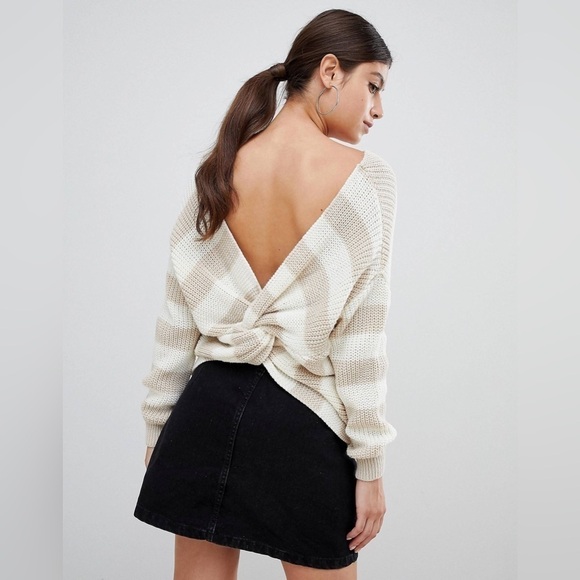 ASOS PrettyLittleThing Tan Cream Stripe twist back sweater sz Small/ Medium - Picture 1 of 10